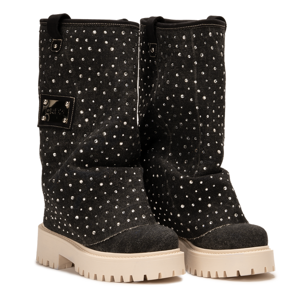 Denim Diamond Chunky Boots Black