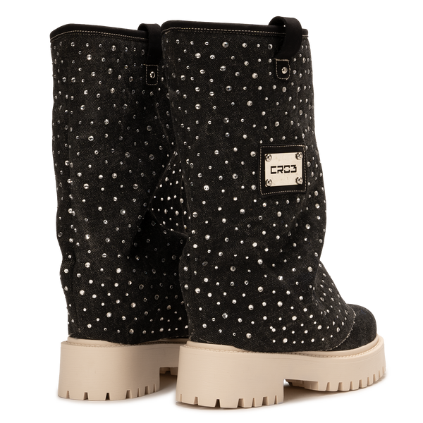 Denim Diamond Chunky Boots Black